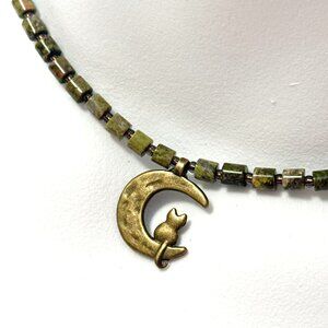 Green Unakite Short Necklace, Genuine Gemstone & Bronze Cat on the Moon Pendant